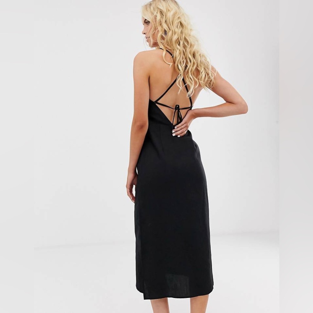 & Other Stories Linen Blend Criss Cross Strap Midi Black Dress